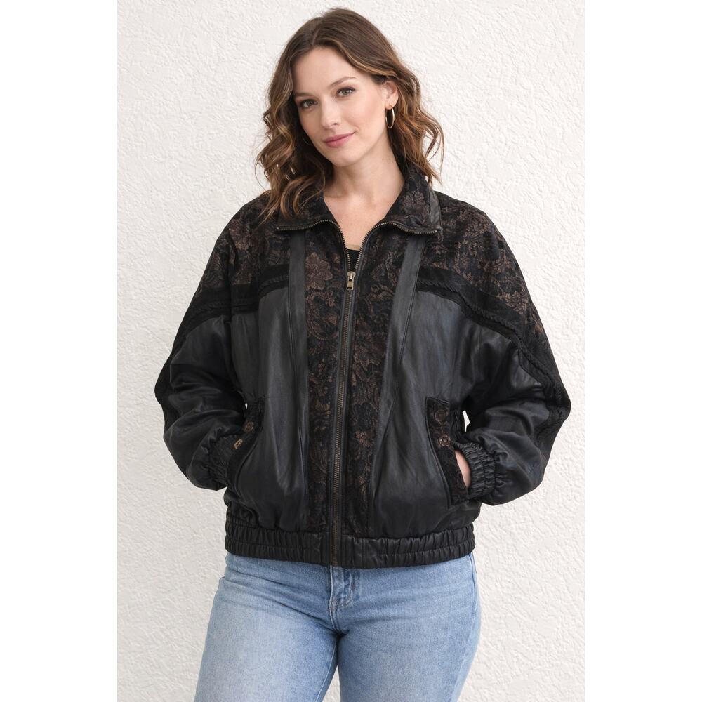 Vintage G-III Rare Leather Floral Lace Quilted Bomber Jacket Black EUC